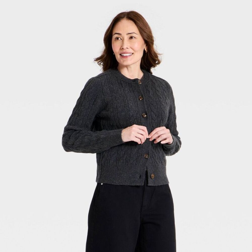Women's Heritage Cable Crewneck Cardigan - Universal Thread Charcoal Gray XS